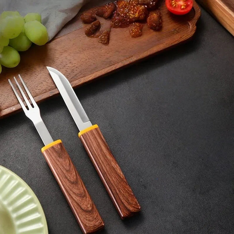Interlocking Wood-Grain Knife & Fork Travel Set | 420 Stainless Steel, Outdoor Use