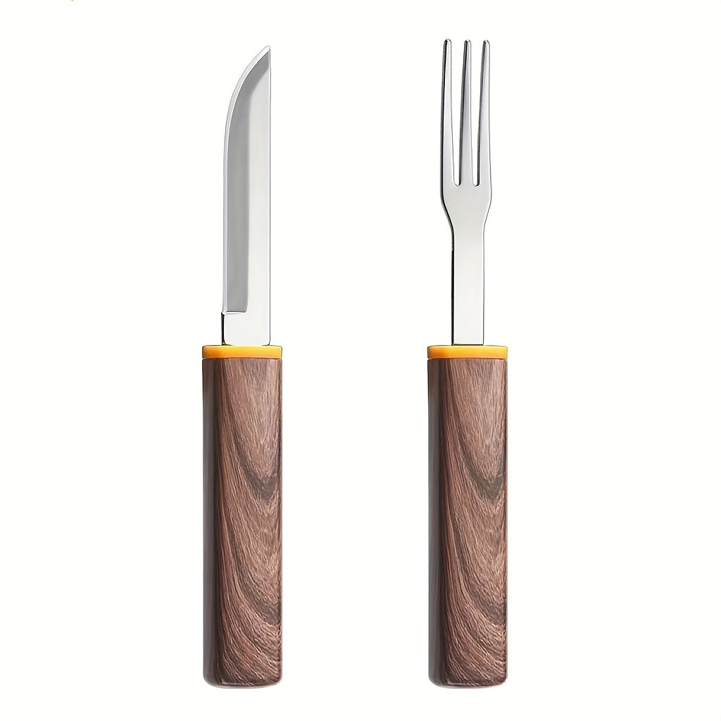 Interlocking Wood-Grain Knife & Fork Travel Set | 420 Stainless Steel, Outdoor Use