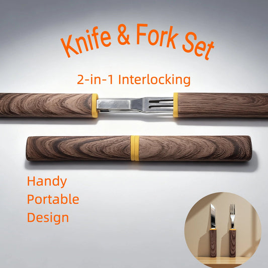 A stylish portable cutlery set with wood-grain handles being held and shown next to a modern green lunch box with grilled chicken.