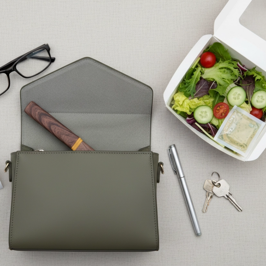A sleek set of reusable travel utensils with a wood-grain case being packed into a handbag next to a fresh salad for an office lunch.